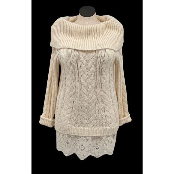 Knox Rose Cream‎ Knit Cowl Neck Lace Hem Sweater Size Large Chunky Cable Knit - Picture 1 of 5